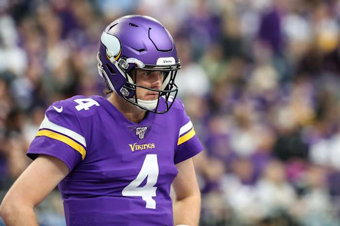 Dec 29, 2019; Minneapolis, Minnesota, USA; Minnesota Vikings quarterback Sean Mannion (4) looks on during the second quarter against the Chicago Bears at U.S. Bank Stadium.
